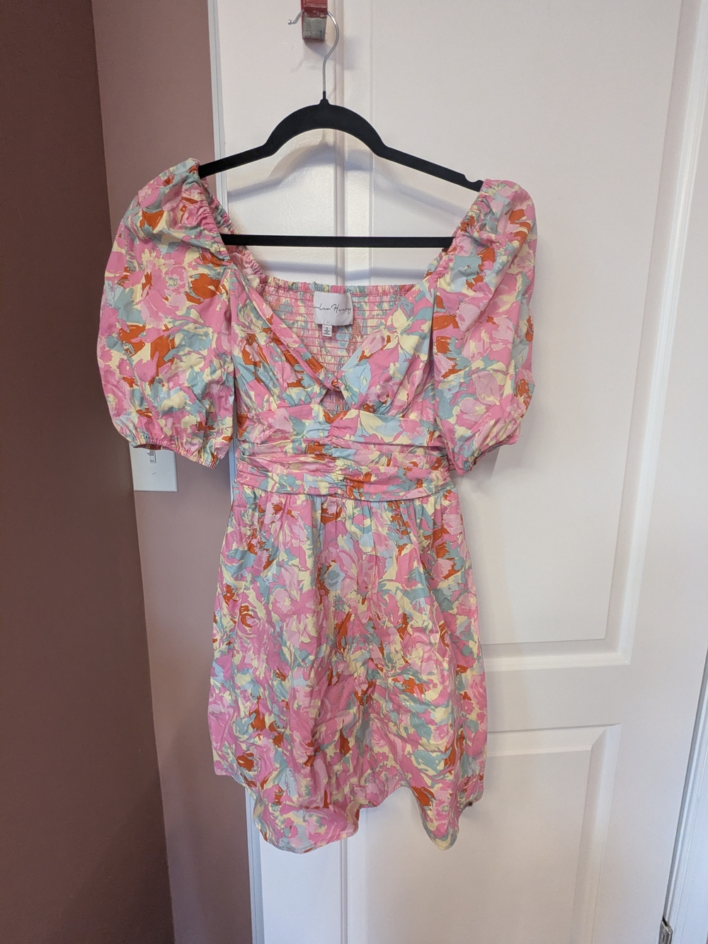 Charles Henry Pink Floral Puff-Sleeve Mini Dress